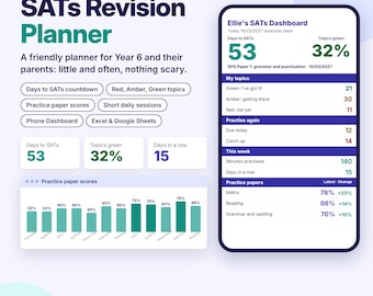 Year 6 SATs Revision Planner Spreadsheet, KS2 SATs 2027 Countdown, Topic Tracker, Practice Paper Scores, Excel Google Sheets
