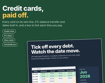 Credit Card Payoff Planner UK, 0% Balance Transfer Tracker, Debt Snowball, Excel Google Sheets