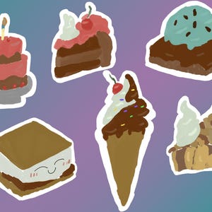 Puede incluir: Colección de pegatinas de postres dibujadas a mano. Incluye una tarta roja de dos pisos con una vela, una porción de pastel de chocolate con crema batida y una cereza, y un brownie cubierto con helado de menta.