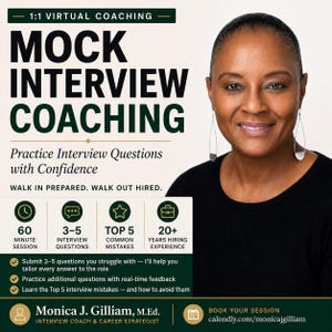 Może przedstawiać: Obraz promujący coaching z symulacji rozmów kwalifikacyjnych. Tekst głosi "MOCK INTERVIEW COACHING" ze szczegółami dotyczącymi czasu trwania sesji, pytań na rozmowie kwalifikacyjnej i doświadczenia. Uśmiechnięta kobieta w czarnym topie i kolczykach. Tekst zawiera imię i nazwisko trenera oraz stronę internetową.