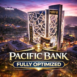 May include: A digital rendering of a modern skyscraper with a geometric facade, labeled "Pacific Bank" and "Fully Optimized." The Hollywood sign is visible in the background. The image has a cinematic, nighttime aesthetic.