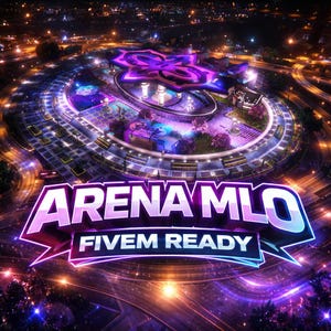 Può includere: Vista aerea notturna di un'arena futuristica, illuminata con luci viola e blu. Il testo "ARENA MLO" è ben visibile, con "FIVE M READY" sotto. Il design presenta un layout circolare con più livelli e strade.