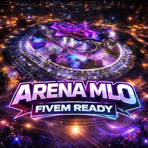 Op de afbeelding: Een luchtfoto van een cirkelvormige arenastructuur die 's nachts verlicht is met levendige paarse en blauwe neonlichten. De tekst ARENA MLO FIVEM READY staat in dikke, witte en paarse 3D-letters in het midden van de afbeelding.