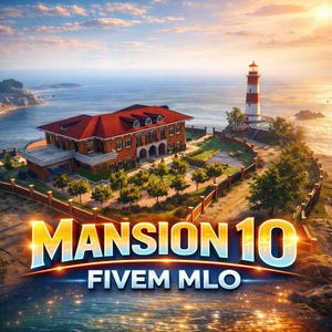May include: A scenic image of a large brick mansion with a red roof, positioned near the sea, with a lighthouse in the background. The image features the text "MANSION 10" and "FIVE MLO" in a stylized font.