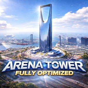 Op de afbeelding: Een hoge wolkenkrabber van blauw glas met een unieke boogvormige top staat in het centrum van een kuststad. De tekst ARENA TOWER FULLY OPTIMIZED staat in grote, dikke witte en blauwe letters op de voorgrond van het stadsgezicht.