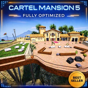 Może przedstawiać: Cyfrowe renderowanie rezydencji z tekstem "CARTEL MANSION 5" i "FULLY OPTIMIZED". Obraz przedstawia duży dom z czerwonym dywanem, miejscami do siedzenia na zewnątrz i odznaką "BEST SELLER".