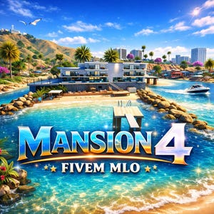 Può includere: Rendering digitale di una lussuosa villa sulla spiaggia con piscina, palme e barca. Il testo "MANSION 4" è visualizzato in modo prominente in blu e oro, con "FIVE MLO" sotto, su uno sfondo di cielo blu.
