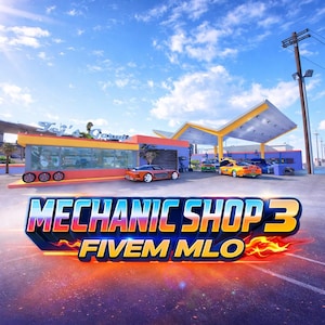 May include: A digital illustration of a mechanic shop with the text "MECHANIC SHOP 3 FIVE MLO". The shop has a retro design with orange, yellow, and blue accents. Several cars are parked in front of the shop under a bright blue sky with fluffy clouds.