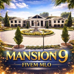 Puede incluir: Imagen de una gran mansión con una fuente. El texto "MANSION 9" se muestra en letras doradas, con "FIVE M MLO" debajo. La escena está ambientada bajo un cielo azul con nubes.
