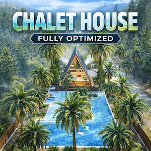May include: An image of a modern A-frame chalet with a swimming pool, surrounded by palm trees. The text "CHALET HOUSE" is displayed above the text "FULLY OPTIMIZED". The scene is set in a tropical environment with lush greenery and a clear blue sky.