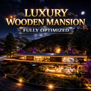 May include: A modern wooden mansion at night with illuminated floor-to-ceiling windows, a glowing terrace, and purple trees. The text LUXURY WOODEN MANSION FULLY OPTIMIZED is displayed in gold and white lettering against a dark, starry night sky.