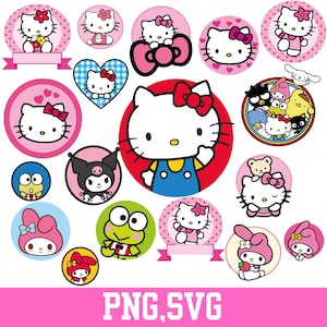 Puede incluir: Una colección de pegatinas gráficas digitales con Hello Kitty y varios personajes de Sanrio, incluidos My Melody, Kuromi, Keroppi y Pompompurin. Los diseños incluyen marcos circulares, en forma de corazón y pancartas con detalles en rosa, rojo y azul.