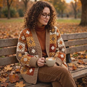 May include: A long-sleeved cardigan made of crocheted granny squares in shades of brown, orange, yellow, and cream. The garment features a ribbed collar and cuffs, worn over a solid rust-colored turtleneck sweater and brown corduroy pants.