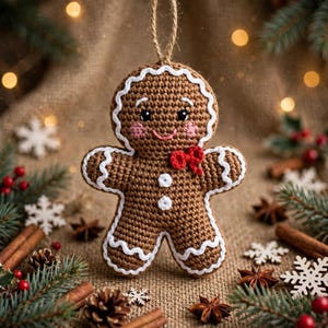 May include: A brown crocheted gingerbread person ornament featuring white icing-style trim, pink embroidered cheeks, black eyes, a red bow tie, and two white buttons. The figure is suspended by a tan twine loop for hanging on a tree.