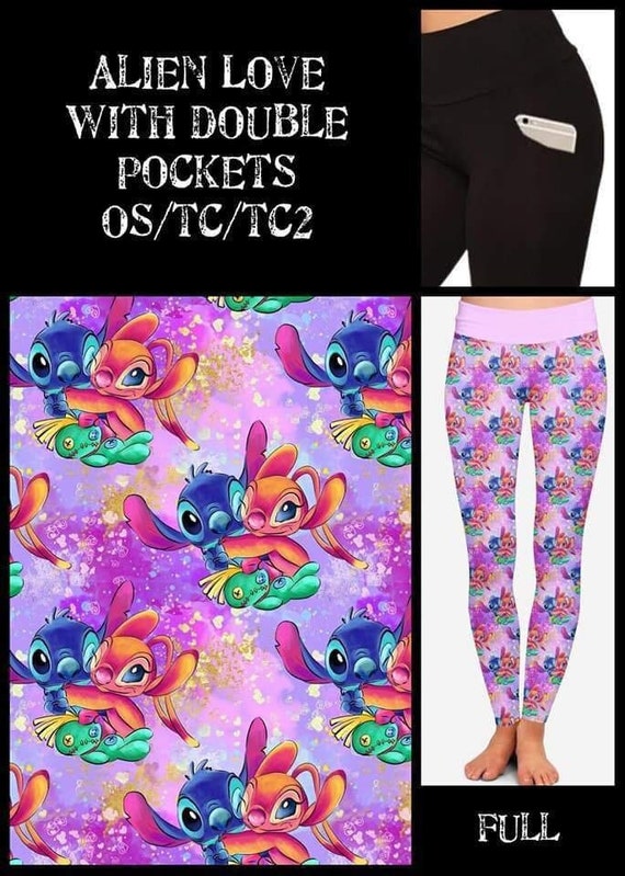 Stitch Love Lavender Purple Print Leggings W Double Pockets Wide Yoga Band Etsy Canada