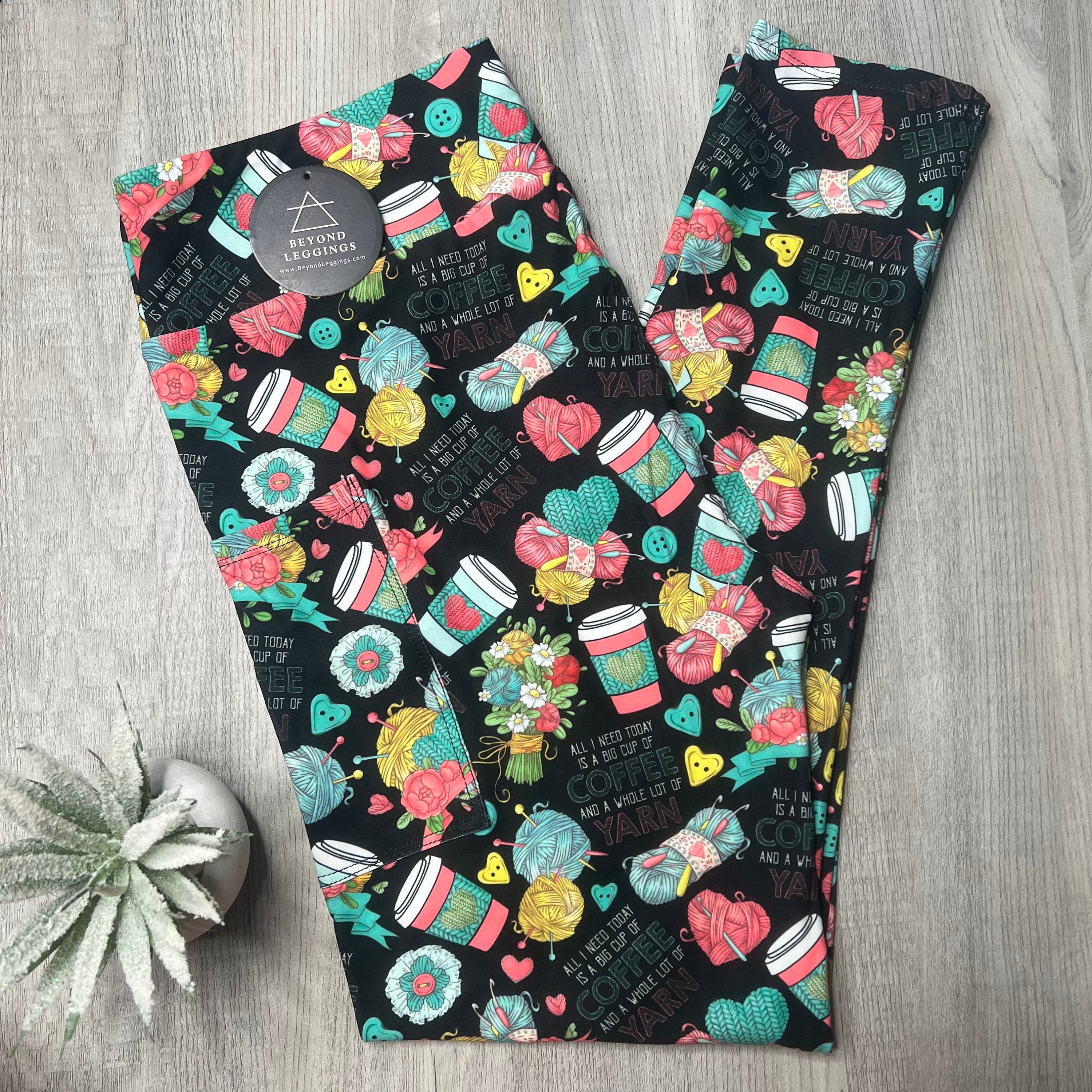 Adorable Yarn & Coffee Print Soft Leggings With Side Pockets, Buttery Soft  Material, Perfect for Crafting Enthusiasts 