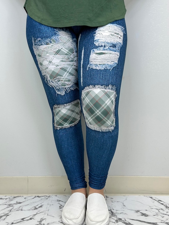 Green Plaid Leggings W/ Butt Pockets 