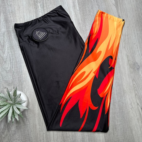 Orange Red Flame Black Leggings - Vibrant Fire Print Pants, Bold Hot Pants for Women and Men / Unisex