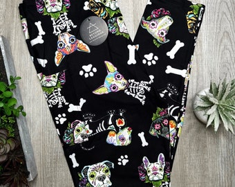 Sugar Skull Puppy Print Leggings w/ Pockets