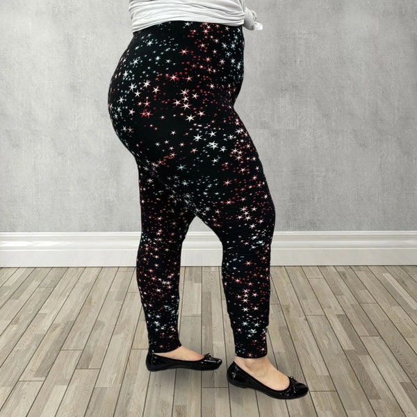 Celestial Charm Leggings - Red & Blue Stars Soft Leggings - Comfortable Stretch for Everyday Style