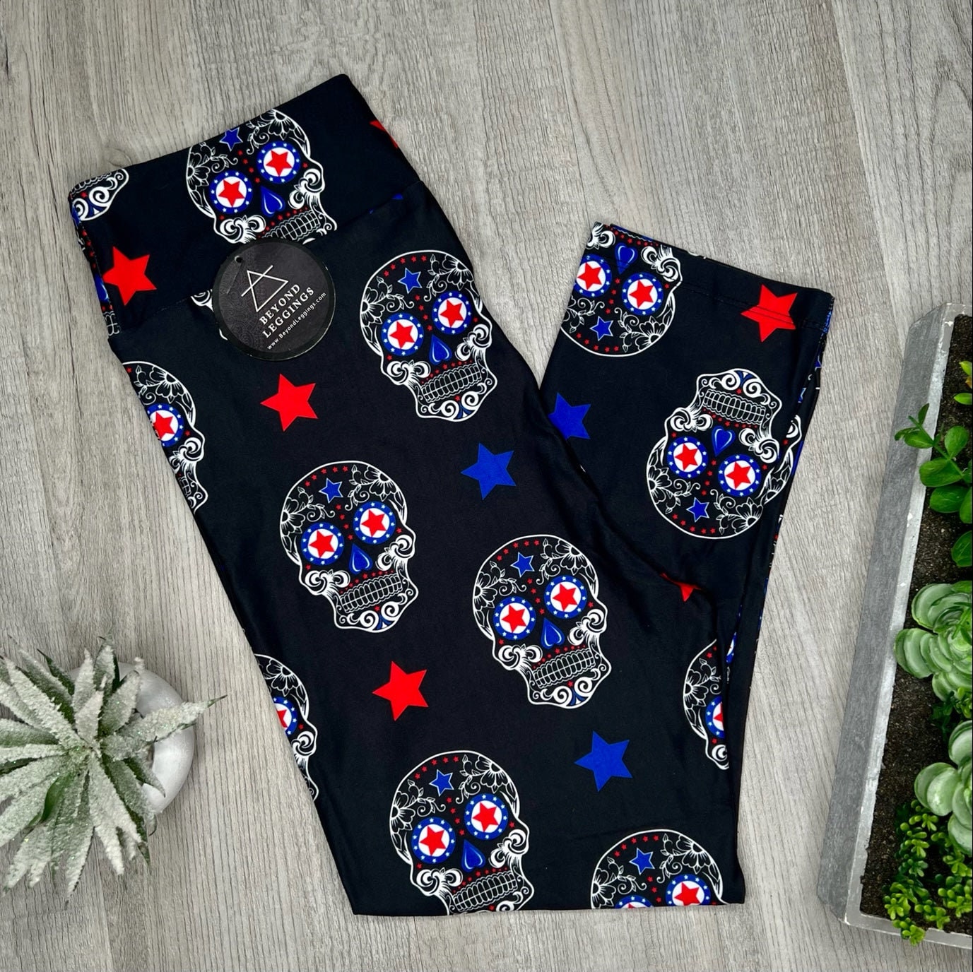 Red White Blue Star Sugar Skull Capri 