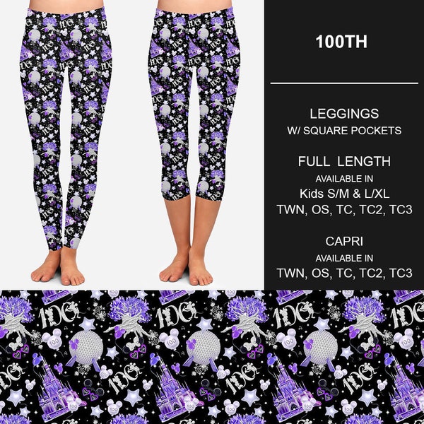 100th Silver Purple Magic Kingdom Inspired Print Leggings w/ Pockets