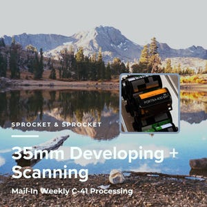 May include: Image of 35mm film rolls with the text "PORTRA 400 EXP" and the words "35mm Developing + Scanning" over a scenic lake and mountain backdrop. The image also includes the text "Mail-In Weekly C-41 Processing".