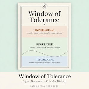 May include: A Window of Tolerance educational chart featuring three colour-coded sections: a peach hyperarousal zone, a light green regulated zone, and a light blue hypoarousal zone. The text includes definitions for anxiety, panic, and dissociation.