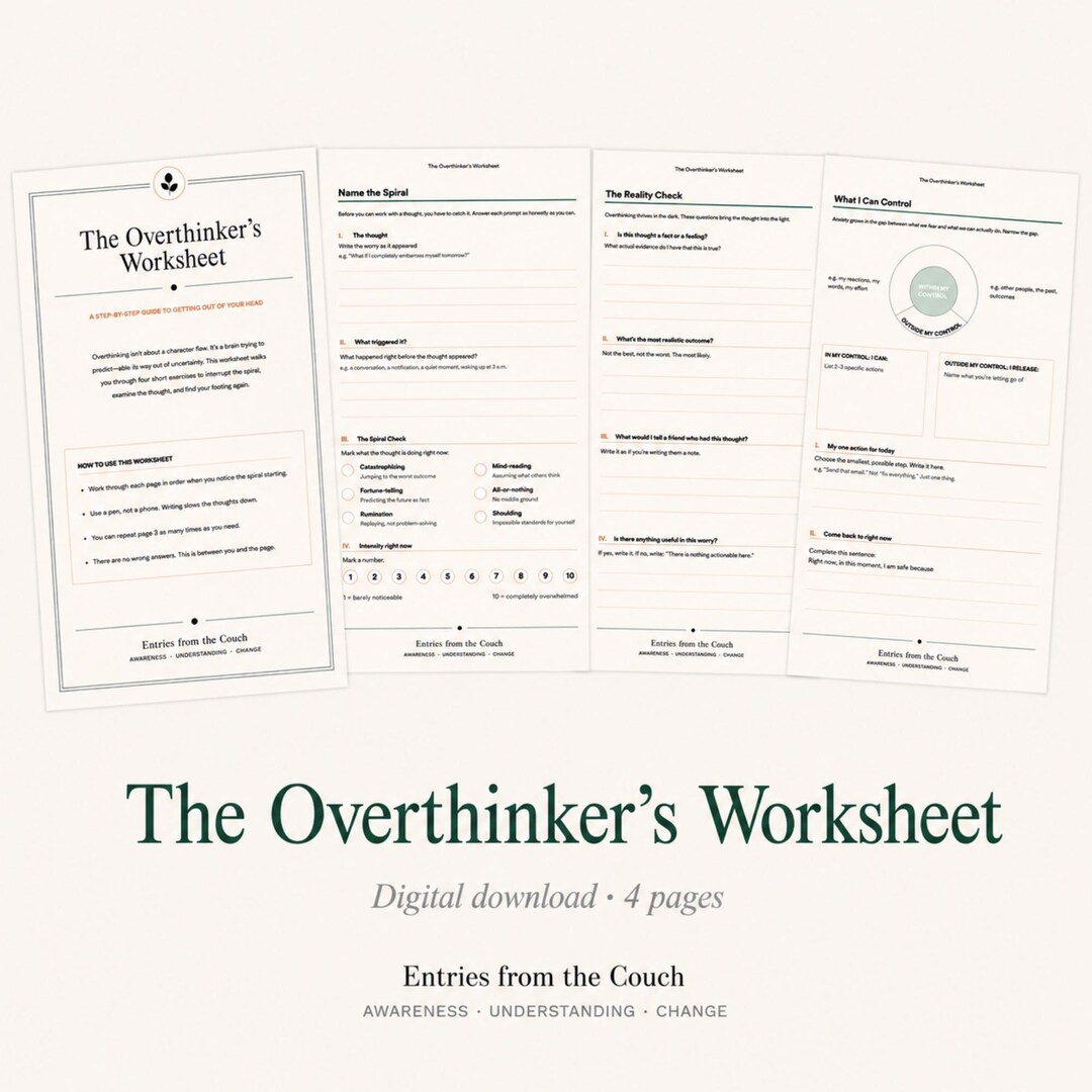 The Overthinker's Worksheet | CBT Digital Download | Anxiety Worksheet ...