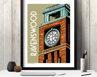 Póster de Chicago / Barrio de Chicago / Ciudad de Chicago / Chicago retro / Marco de Chicago / Gráfico de Chicago / Ilustración de Chicago / RAVENSWOOD