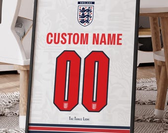 Personalized England Football Shirt Print, Custom Name Number Poster, England Soccer Wall Art, Three Lions Fan Gift, Football Bedroom Decor