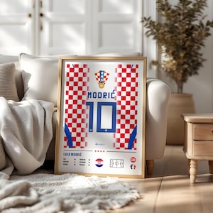 Luka Modric Croatia national team poster featuring number 10 jersey design, player statistics, midfield position and Croatian football inspired wall art digital download on Etsy