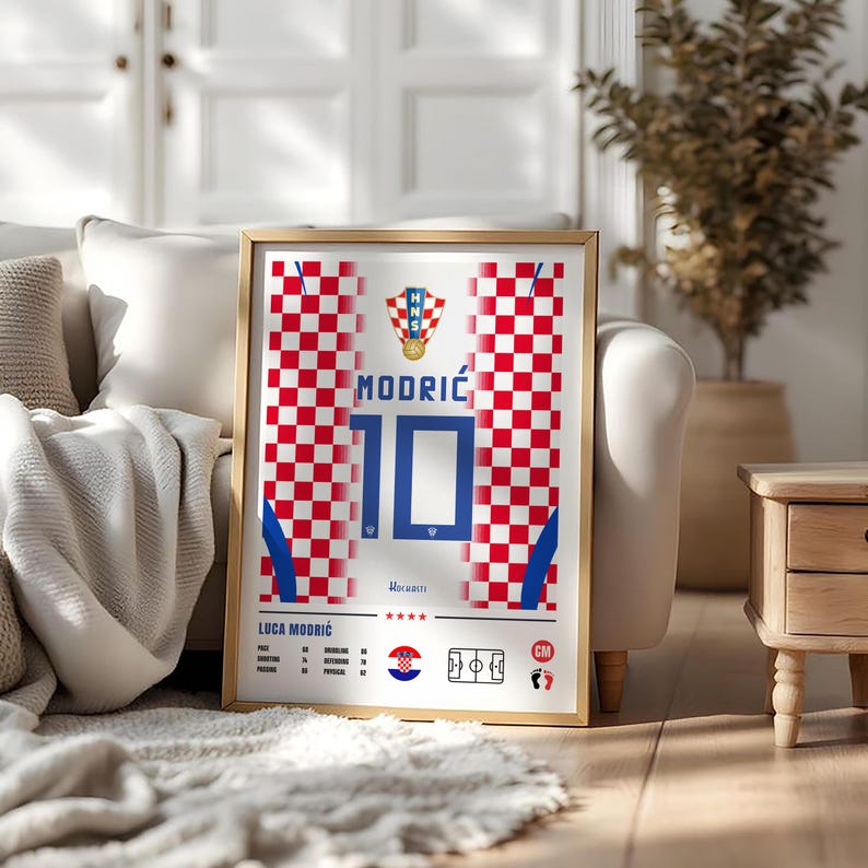Luka Modric Croatia national team poster featuring number 10 jersey design, player statistics, midfield position and Croatian football inspired wall art digital download on Etsy