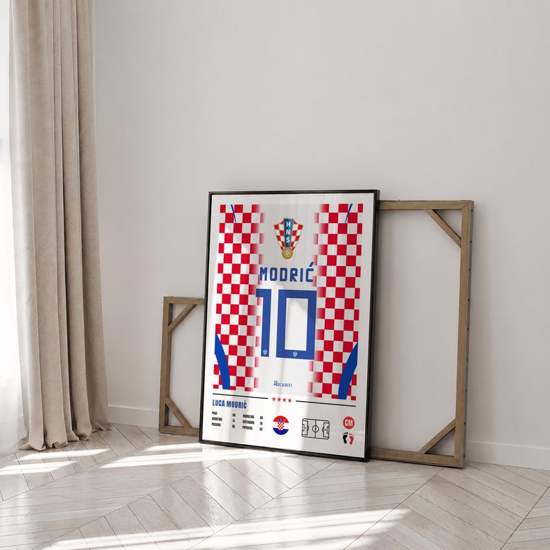 Luka Modric Croatia national team poster featuring number 10 jersey design, player statistics, midfield position and Croatian football inspired wall art digital download on Etsy