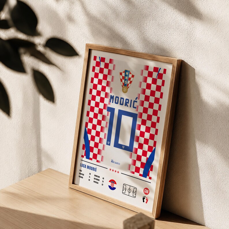 May include: A framed poster featuring a red and white checkered pattern inspired by the Croatian national team jersey. The design includes the name MODRIĆ, the number 10, the HNS crest, and player statistics for Luka Modrić with a small soccer field icon.