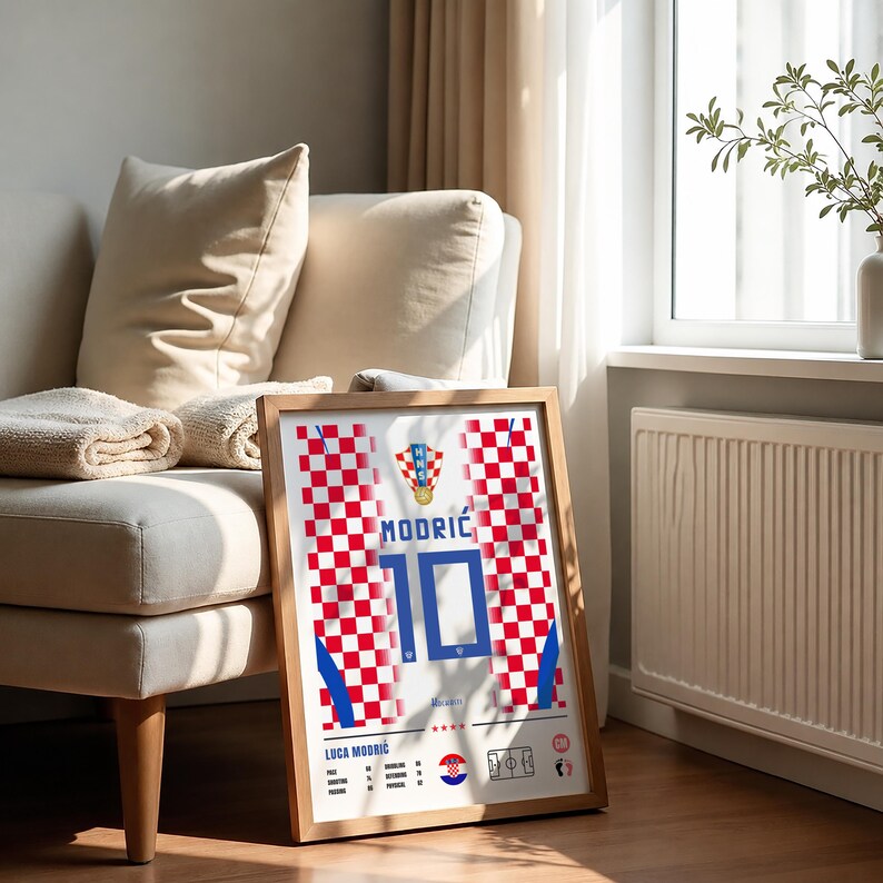 Luka Modric Croatia national team poster featuring number 10 jersey design, player statistics, midfield position and Croatian football inspired wall art digital download on Etsy