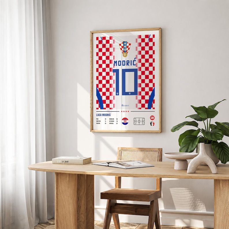 May include: A framed vertical poster featuring a white soccer jersey design with a red and white checkered pattern on the sides. The text MODRIĆ and the number 10 are printed in blue. Below, the text LUCA MODRIĆ appears with player statistics.