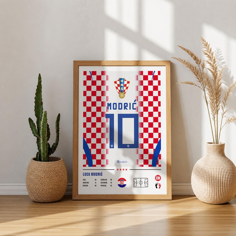 Luka Modric Croatia national team poster featuring number 10 jersey design, player statistics, midfield position and Croatian football inspired wall art digital download on Etsy
