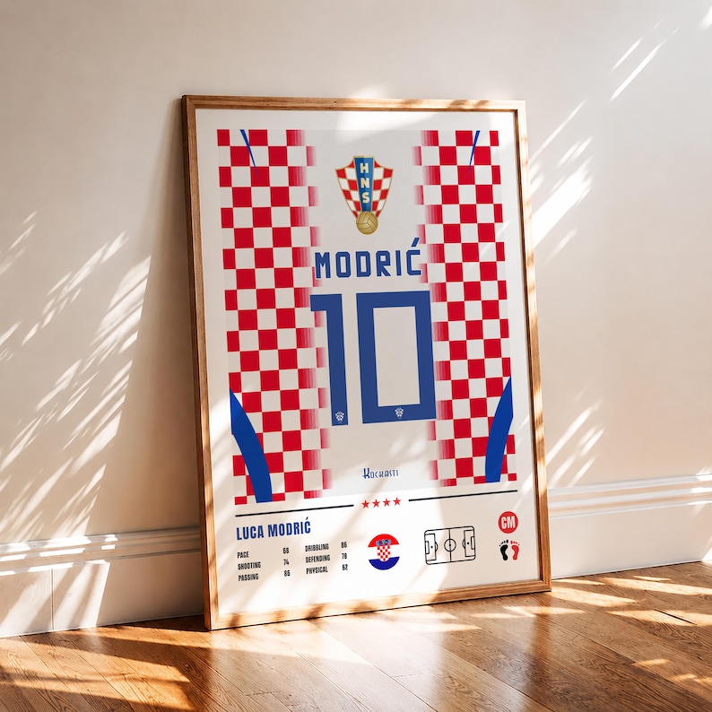 Luka Modric Croatia national team poster featuring number 10 jersey design, player statistics, midfield position and Croatian football inspired wall art digital download on Etsy