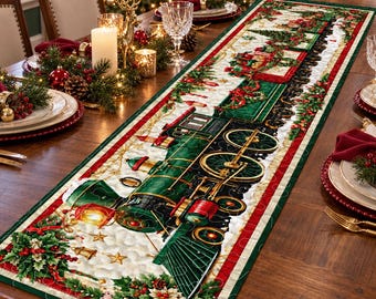 Weihnachtstischläufer mit Zugmotiv, festliche Tischdekoration im Vintage-Dampflokomotiv-Stil, Weihnachtstischläufer fürs Esszimmer, Weihnachtsküchendekoration