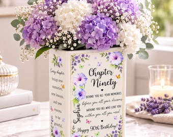 Jarrón de flores personalizado para el 90 cumpleaños, jarrón de cerámica con forma de libro personalizado, jarrón de flores del mes de nacimiento, regalo del capítulo 90 para mamá y abuela, recuerdo de cumpleaños