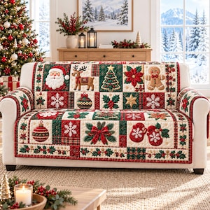Claus Woodland Medley Quilted Sofa Cover, Santa Reindeer Christmas Couch Protector, Red Green Patchwork Sofa Throw, Holiday Home Decor