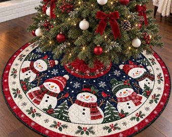 Gonna per albero di Natale trapuntata "Jolly Snowman Delight", gonna per albero di Natale con pupazzo di neve, decorazione invernale da paese delle meraviglie, copertura per base albero di Natale in stile rustico
