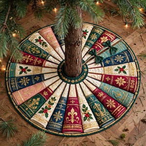 Peut inclure: Une jupe de sapin de Noël matelassée circulaire présentant un motif radial de panneaux en forme de coin. Chaque panneau affiche des motifs brodés incluant du houx, des flocons de neige, des couronnes et des fleurs de lys en rouge, vert, bleu et or.