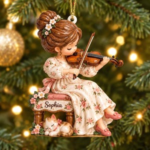Personalized Girl Playing Violin Raised Relief Acrylic Christmas Ornament, Custom Name Violin Player Gift, Floral Musician Girl Keepsake