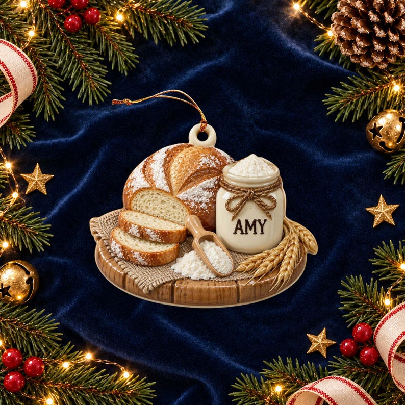 Op de afbeelding: Een ronde keramische kerstornament met een brood, een klein potje met het label AMY gevuld met witte bloem, een houten schepje en tarwearen op een houten plank. Het ornament heeft een gouden ophangkoord aan de bovenzijde.