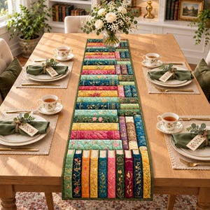 Peut inclure: Un chemin de table matelassé présentant un motif de livres anciens empilés et verticaux dans diverses couleurs, notamment bleu sarcelle, jaune, rose et vert. Le chemin est centré sur une table à manger en bois avec quatre tasses, soucoupes et serviettes.