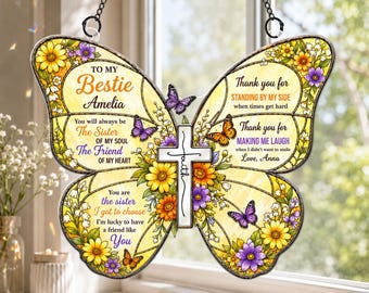 Atrapasueños de cristal personalizado para mi mejor amiga en Cristo, regalo para mejor amiga, regalo de amistad cristiana, decoración colgante para ventana con cruz de mariposa
