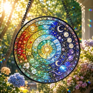 Könnte beinhalten: Ein runder Buntglas-Sonnenfänger mit einem zentralen goldenen Stern, umgeben von konzentrischen Ringen aus Blumenmustern, einer strahlenden Sonne, einer Mondsichel, Planetenphasen und dem Saturnring, aufgehängt an einer schwarzen Metallkette.