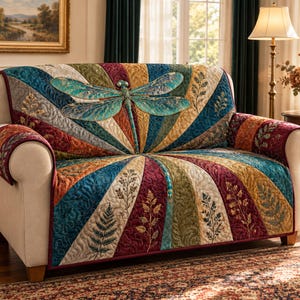 May include: A quilted sofa cover featuring a large central teal dragonfly graphic surrounded by radiating panels of burgundy, gold, teal, and cream fabric. The panels are decorated with embroidered fern and leaf patterns throughout.